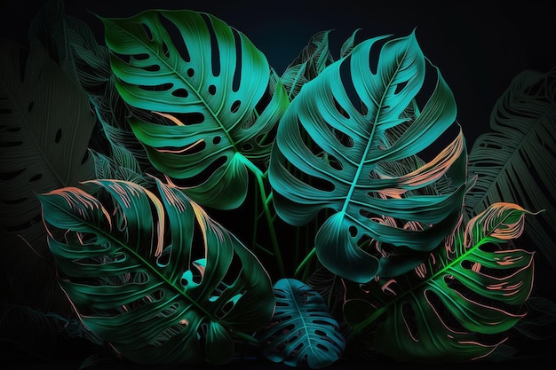 Un tas de feuilles de monstera vertes sur fond noir