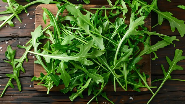 Photo un tas de feuilles de roguela fraîches sur un fond en bois rustique ingrédient de salade verte