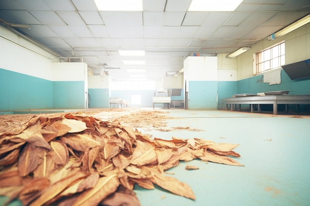 Des tas de feuilles de tabac sur le sol d'une usine