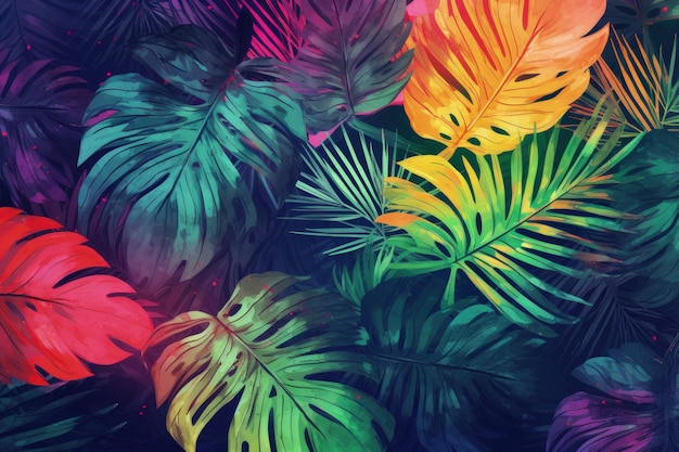 Un tas de feuilles tropicales colorées sur fond noir AI générative