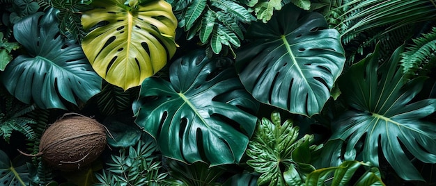 un tas de feuilles vertes et une noix de coco sur une table