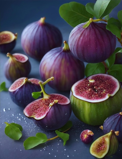 Un tas de figues aux feuilles vertes sur fond bleu.