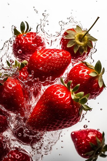 Un tas de fraises dans une éclaboussure d'eau