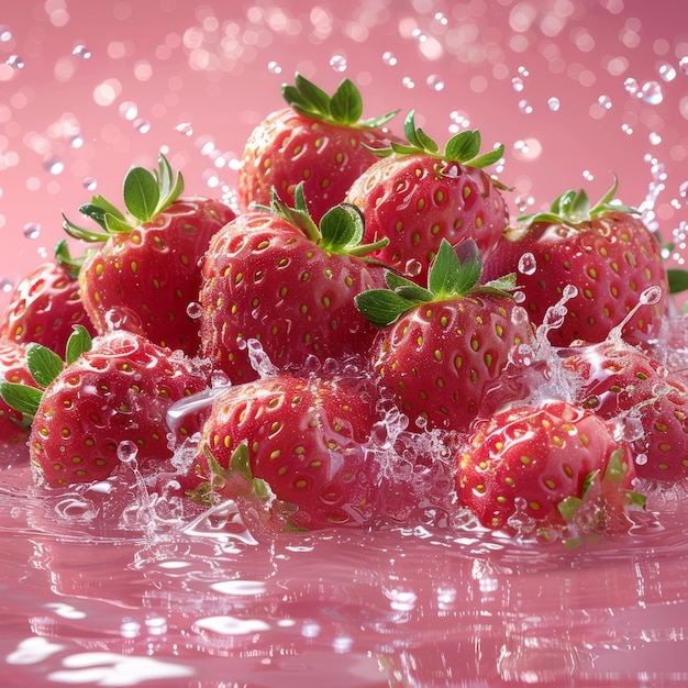 Photo un tas de fraises avec des éclaboussures d'eau sur un fond rose