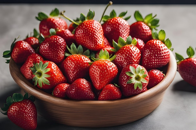 Un tas de fraises fraîches dans un bol sur un fond en bois rustique