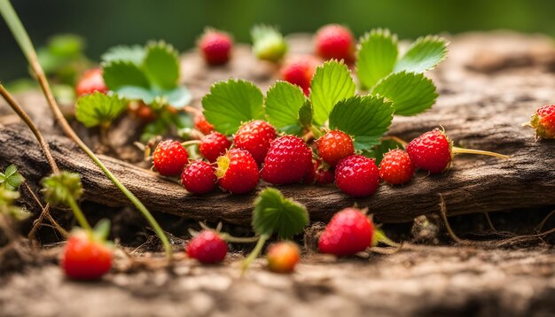 un tas de fraises qui sont sur une bûche