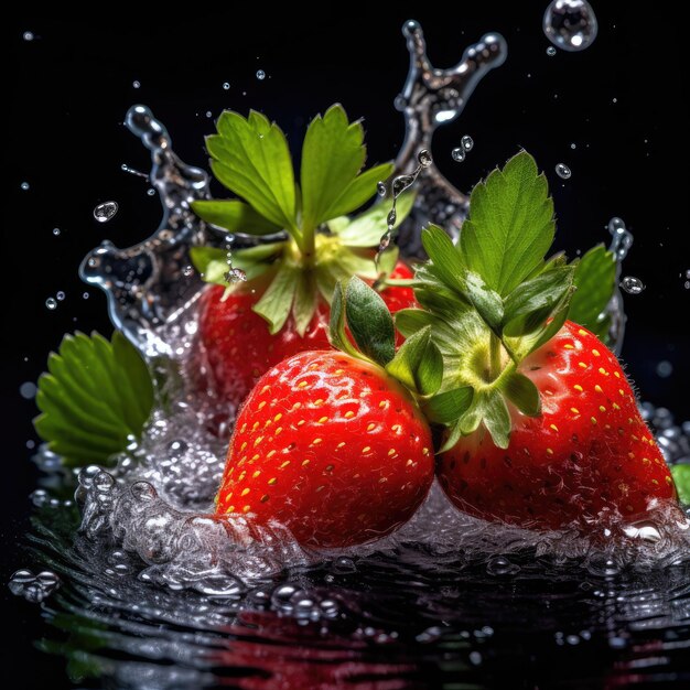 Un tas de fraises qui sont dans une éclaboussure d'eau