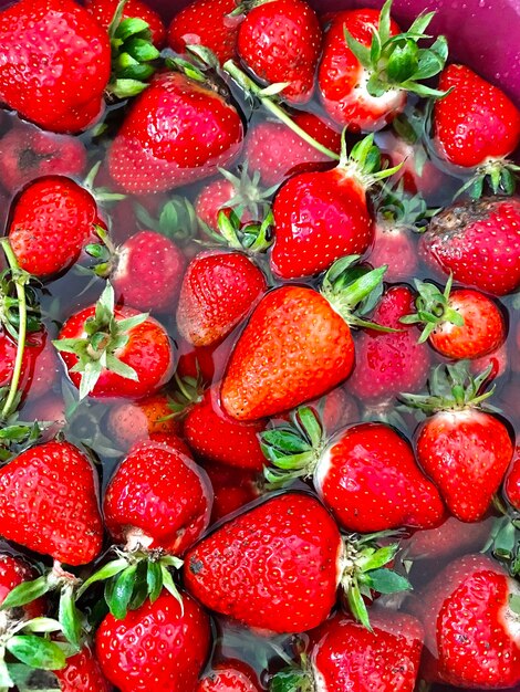 Un tas de fraises sont dans un bol avec des feuilles vertes.