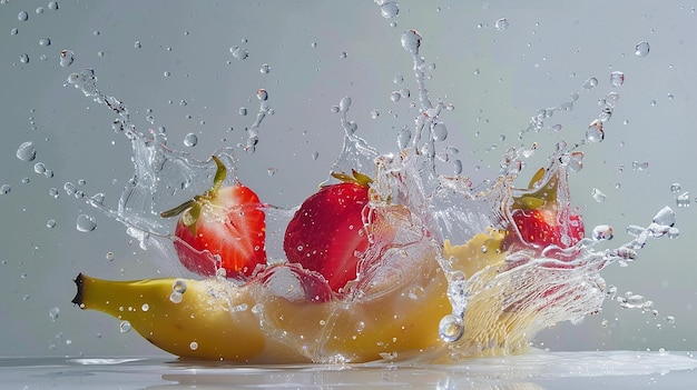 un tas de fraises sont dans une éclaboussure d'eau