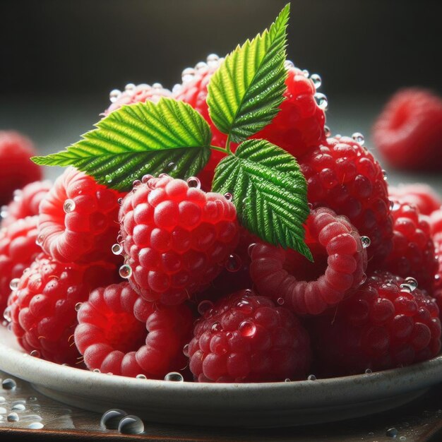 Un tas de framboises avec une feuille verte sur le dessus