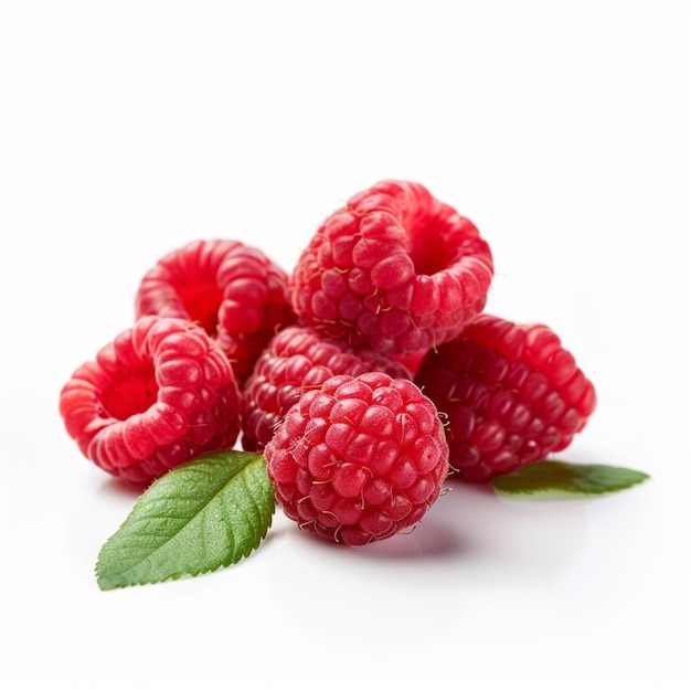 Un tas de framboises avec des feuilles vertes sur fond blanc