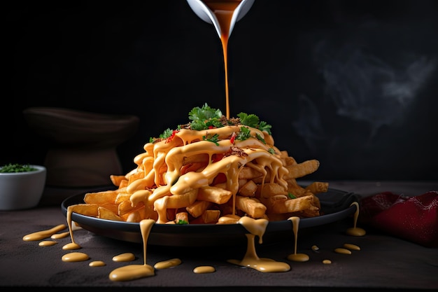 Tas de frites dorées croustillantes garnies de sauce srirachfry piquante créée avec générative ai