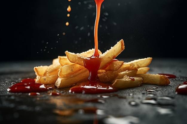 Un tas de frites avec du ketchup sur le dessus et une bouteille de ketchup sur le dessus.