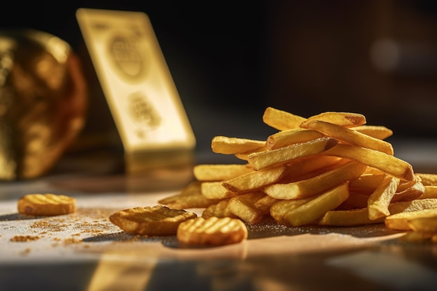 Un tas de frites est posé sur une table à côté d'un lingot d'or qui dit "g'on it"