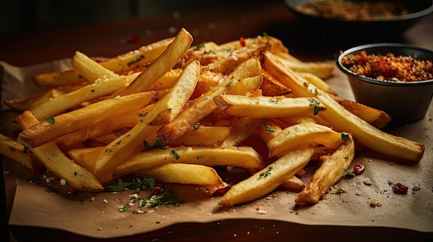 Un tas de frites sur une table en bois.