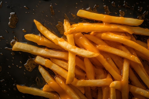 Photo un tas de fromage fondu sur une poêle de frites.