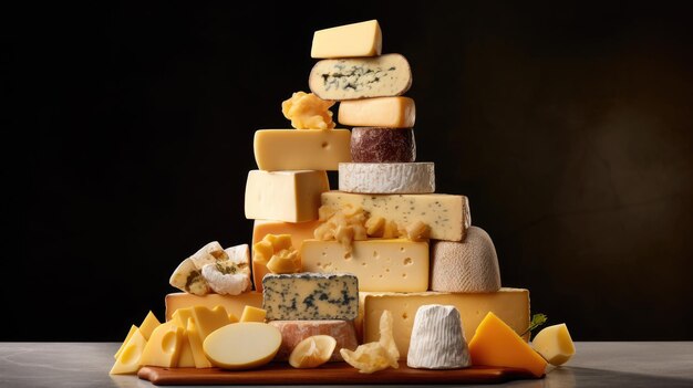 Un tas de fromages différents posés l'un sur l'autre sur un fond sombre