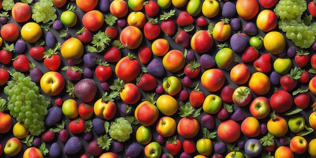 Un tas de fruits est représenté avec une pomme violette et jaune.