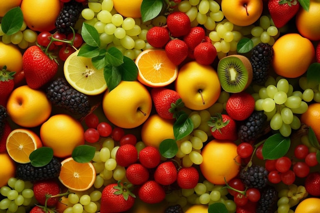 un tas de fruits avec une grappe de raisin dessus.