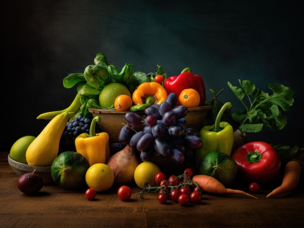 Un tas de fruits et légumes assis sur une table Image AI générative