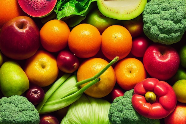 Un tas de fruits et légumes, y compris le brocoli, les oranges, le brocoli et d'autres fruits.