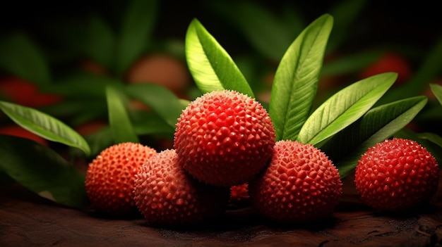 Un tas de fruits litchi avec des feuilles vertes sur le fond