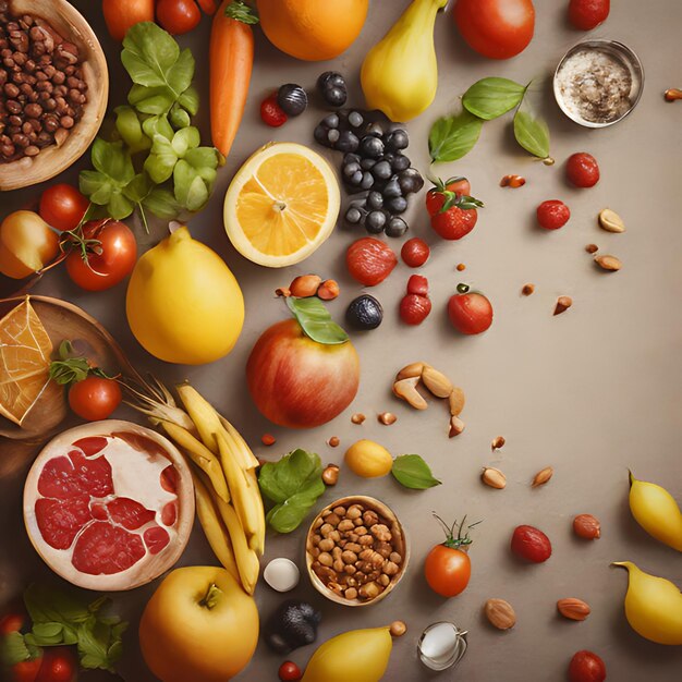 un tas de fruits et de noix sont sur une table