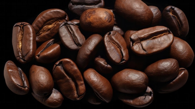 Un tas de grains de café sur un fond noir