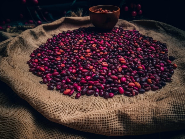 Un tas de haricots rouges sur une table avec un bol de haricots rouges dessus