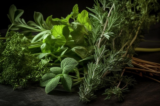 Un tas d'herbes sur une table avec un fond noir