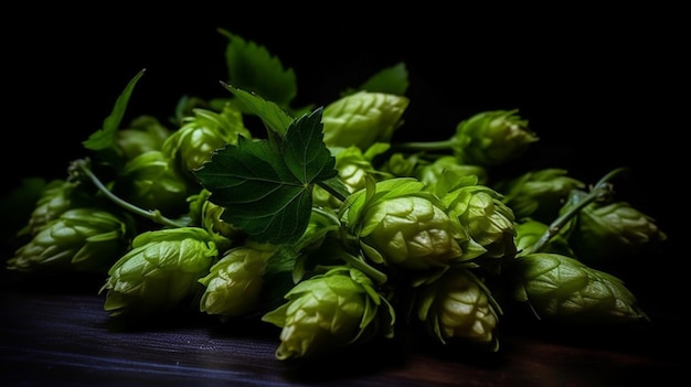 Un tas de houblon sur une table avec un fond sombre