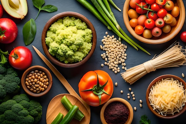 Un tas de légumes comprenant du brocoli, des tomates et d'autres légumes sont sur une table.