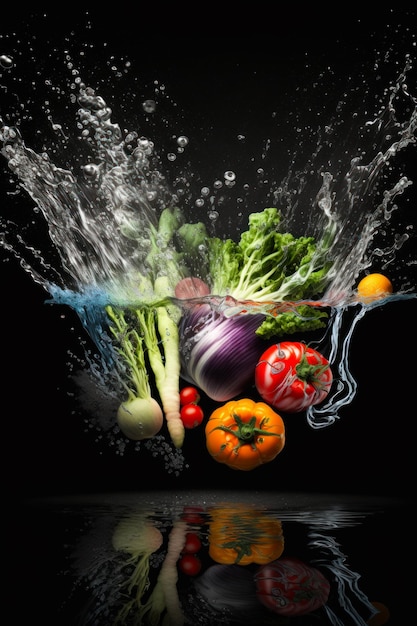 Des tas de légumes éclaboussent dans l'eau AI générative
