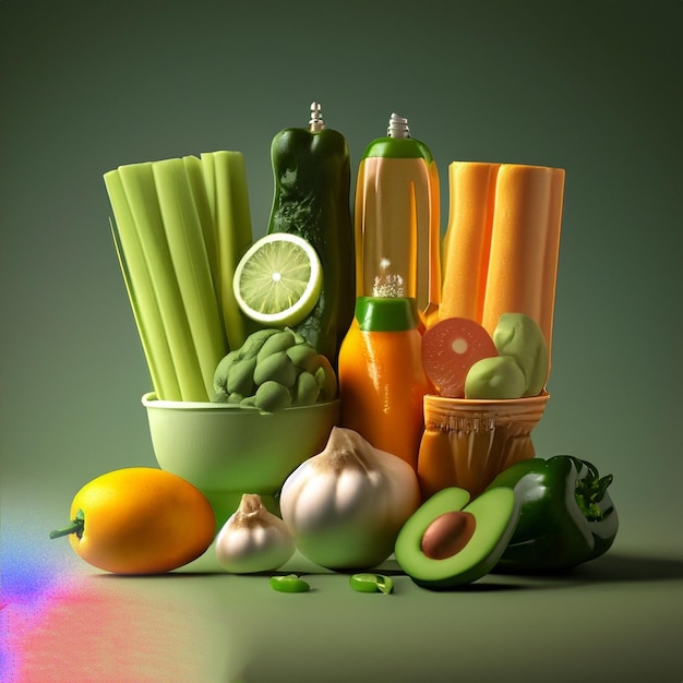 Un tas de légumes et de fruits sont sur une table.