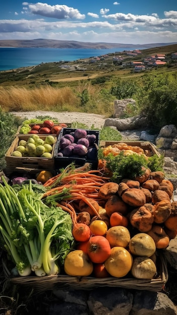 Un tas de légumes sont sur une table devant une montagne.