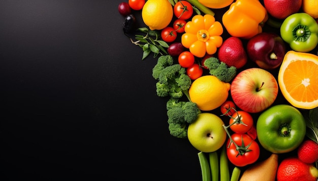 un tas de légumes, y compris des brocolis, des radis, des tomates et un fond noir