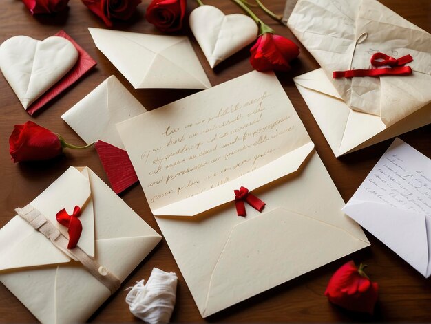 un tas de lettres et une rose sur une table avec une note