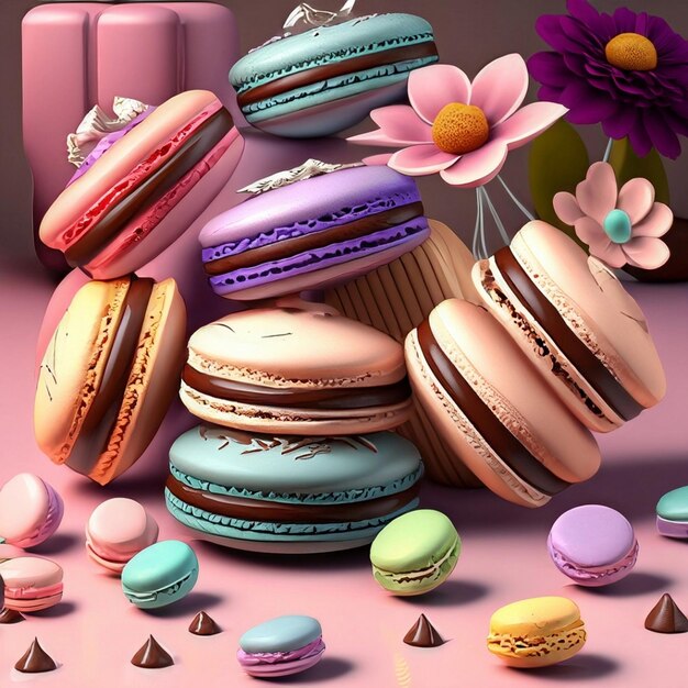 un tas de macarons et de fleurs sur une table avec des chocolats et des barres chocolatées