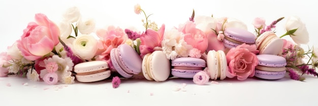 Un tas de macarons et de fleurs sur une table Image numérique Décor de mariage