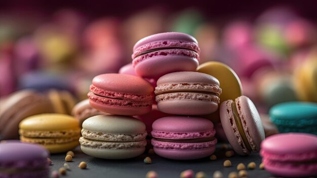 Un tas de macarons avec un fond rose