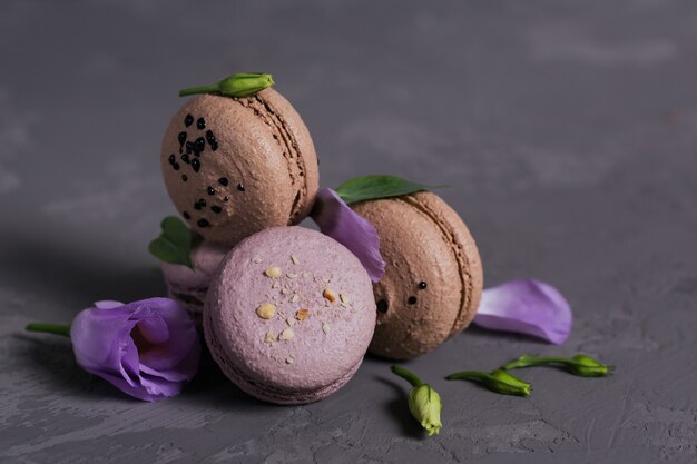 Tas de macarons français sucrés mélangés avec des fleurs sur une surface de béton gris. Biscuits macarons de couleur pastel. Concept alimentaire, culinaire, boulangerie et cuisine