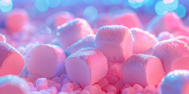 un tas de marshmallows moelleux montrant leur texture douce et leur revêtement sucré dans des détails exquis