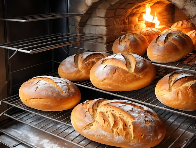 Un tas de miches de pain dans un four