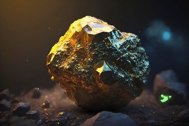 Photo un tas de minerai d'or lumineux avec une image générée par la technologie ai d'arrière-plan flou