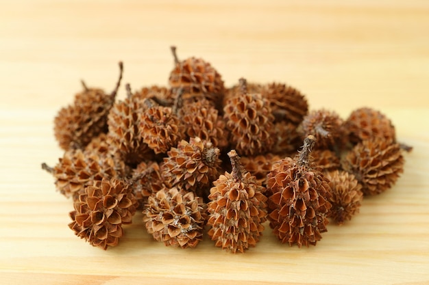 Tas de mini pommes de pin sèches naturelles sur le bois