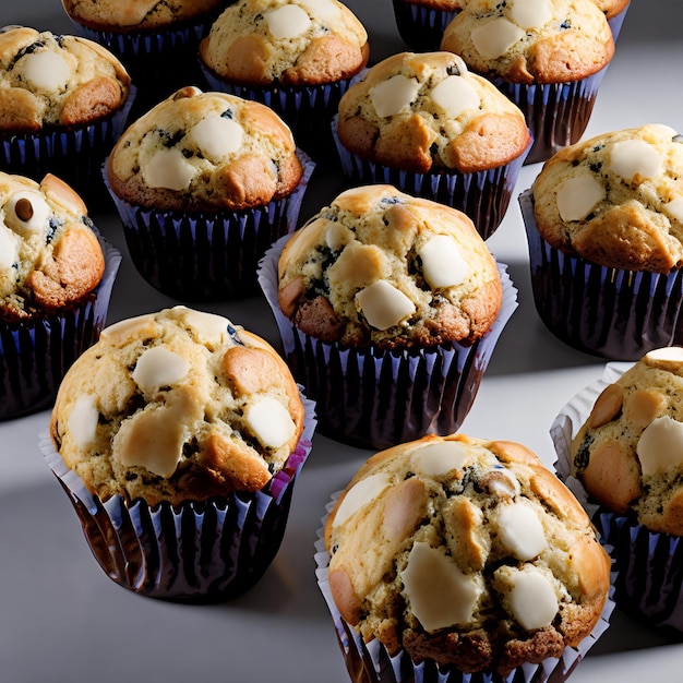 Un tas de muffins aux myrtilles sont alignés sur une table