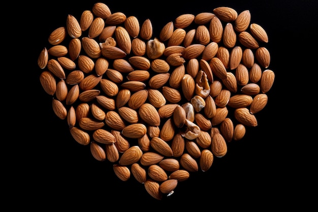 un tas de noix en forme de cœur avec un fond noir