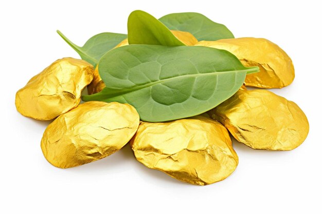 un tas de nourriture jaune avec des feuilles vertes dessus