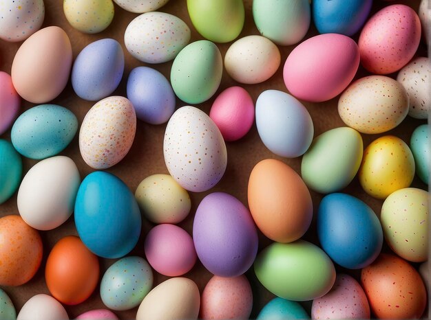 un tas d'œufs colorés assis sur une table l'un à côté de l'autre