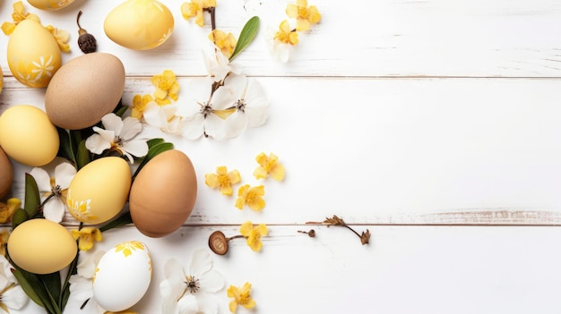 Un tas d'oeufs avec des fleurs jaunes sur fond blanc